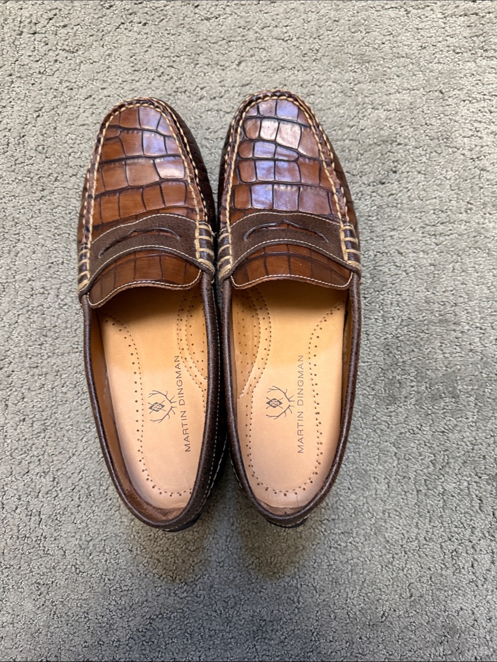 Martin Dingman Brown Croc-Embossed Leather Penny Loafers New!